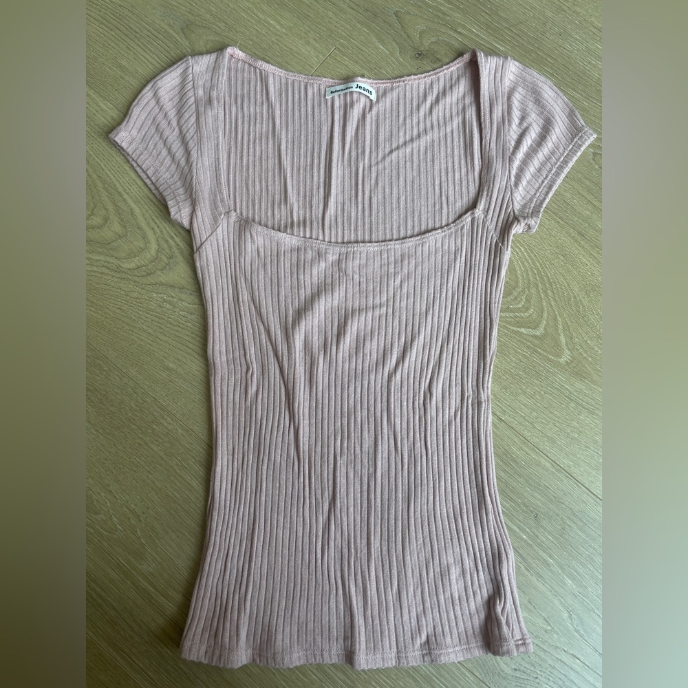 Reformation Light Pink Bardot Knit Top Ribbed Square Neck – Sustainable - size S